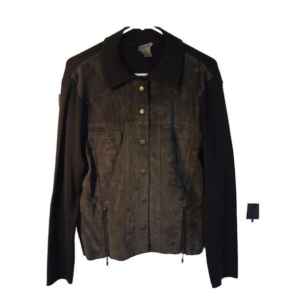 Escapade Brown Suede Front Long Sleeve Sweater Snap Front Jacket Women's LG - Picture 1 of 5